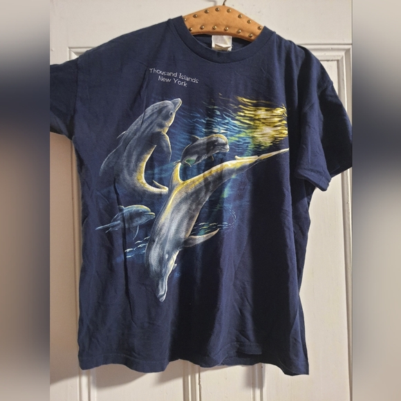 Vintage Hot Tees 90s Blue Cotton Ocean Dolphin Large Thousand Islands NY Shirt - Picture 1 of 5